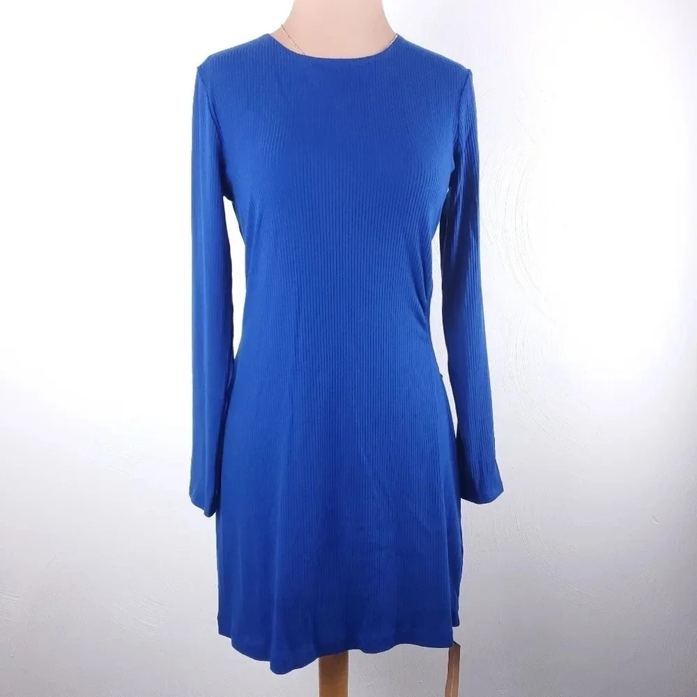 Reformation Dress Kensy Cutout Blue Stretch Knit Mini Size XL NWT